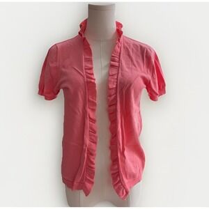 J Crew Short Sleeve Open Cardigan Sz M Ruffled Cotton Cashmere Twee Lightweight